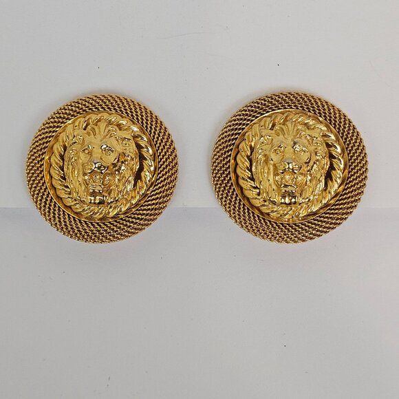 Anne Klein Vtg Lion Head Necklace Clip On Earring Set Gold Tone Statement Chunky - Picture 10 of 17
